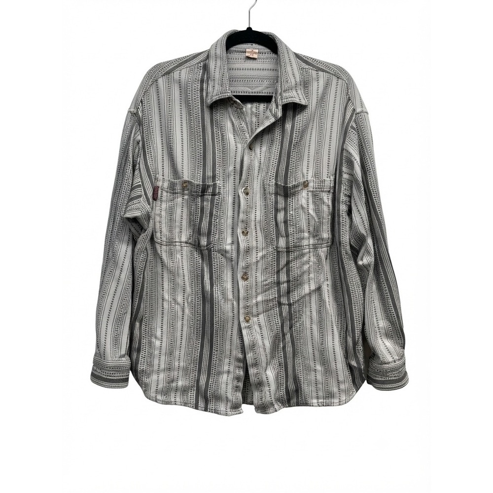 Vintage Unionbay Men Medium Grey Black Striped Cotton Button Down Shirt RN 60307